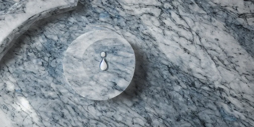 Image similar to a water drop - shaped city statue, carved in marble, photorealistic