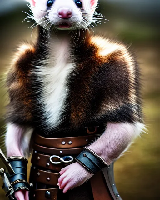 Image similar to ferret warrior, furry, fantasy, viking, high detailed, photography, cloudy, lightweight leather armour, scandinavia, plain, detailed face, look into the distance, serious face, full body, in full growth, professional photographer, masterpiece, 5 0 mm, extremely detailed, digital art 8 k