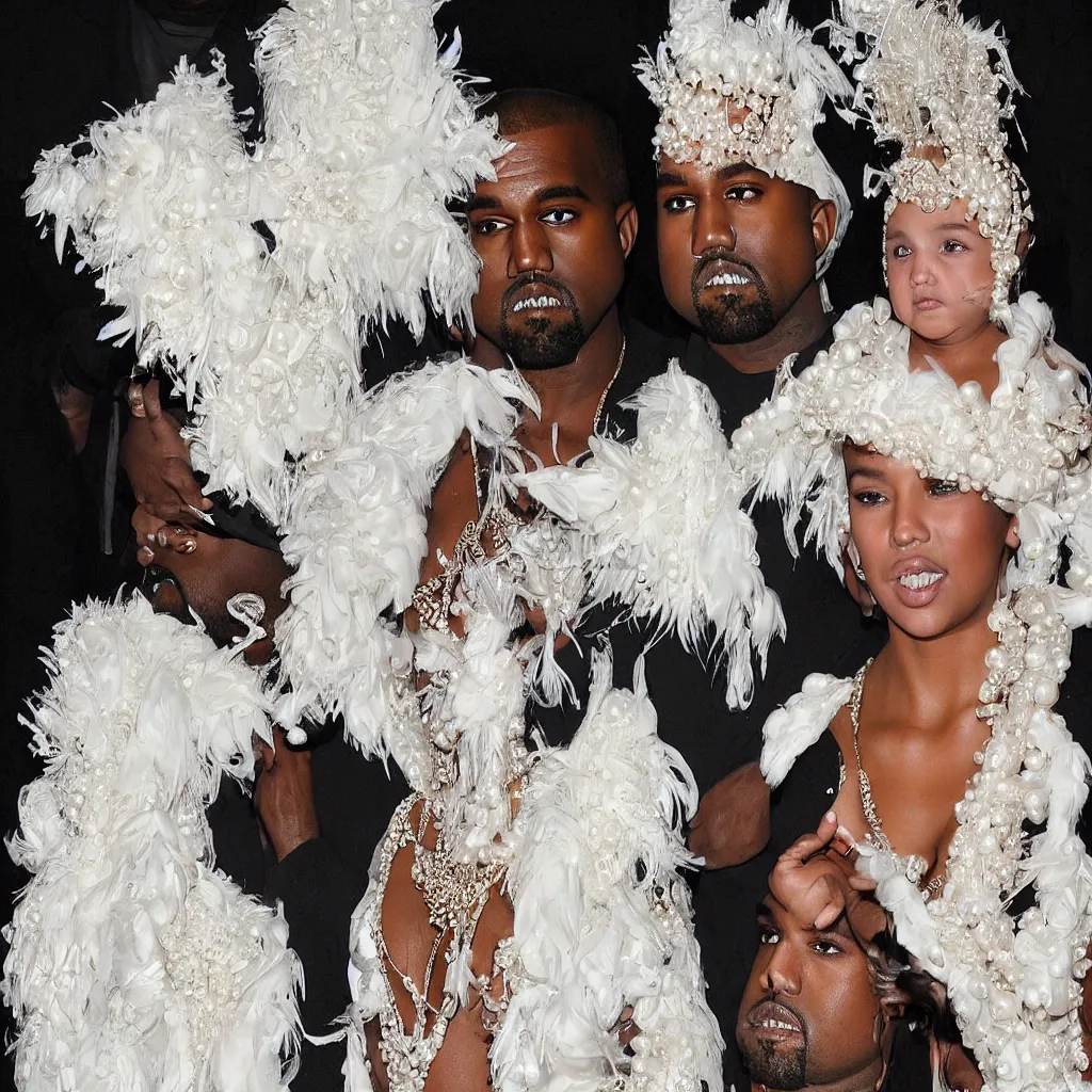 Image similar to kanye west and lil naz x making various facial expressions _ with _ a _ decorated _ dress _ made _ of _ white _ pearls _ and _ white _ plumes _ of _ swan _ highly _ detailed _ digital _ painting