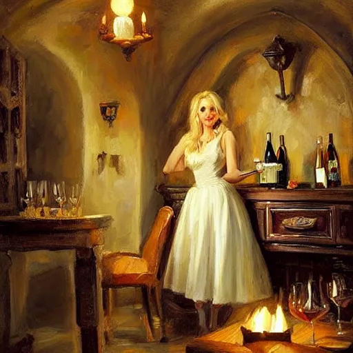 Image similar to wine cellar full of food, torches on the wall, schnapps, romantic, inviting, cozy, blonde woman, painting, Fritz Wagner, Vladimir Volegov, Olga Zakharova