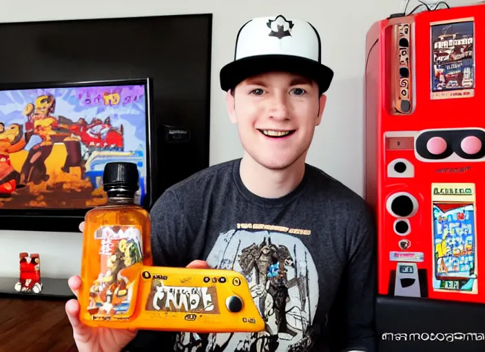 Image similar to retro video game youtuber in front of retro video games with a bottle of canadian maple syrup, eska water bottle, plate of poutine