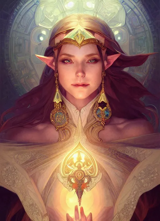 Image similar to zelda, fantasy, intricate, elegant, highly detailed, digital painting, artstation, concept art, wallpaper, smooth, sharp focus, illustration, art by artgerm and greg rutkowski and alphonse mucha