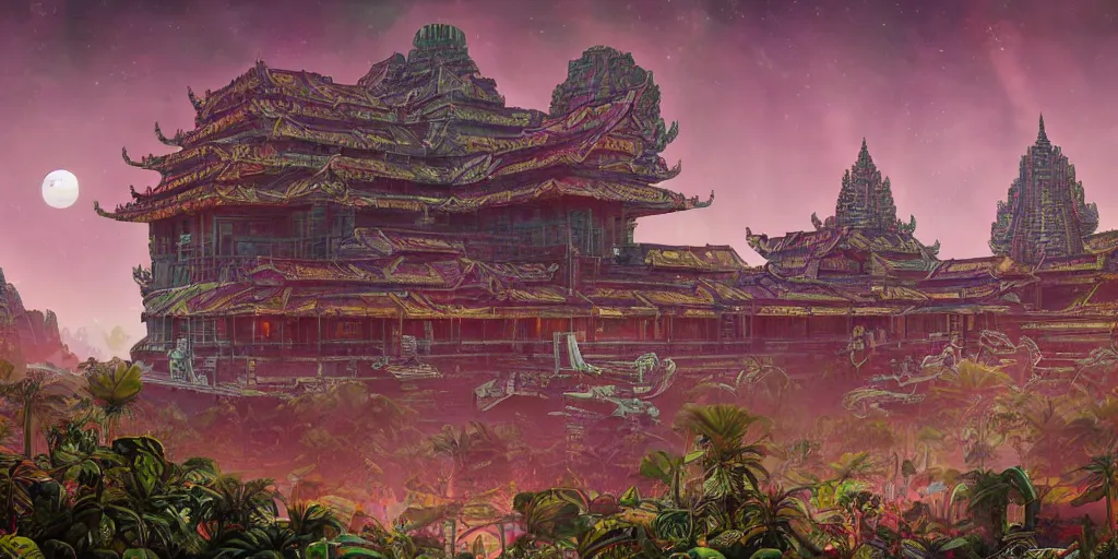 Prompt: synthwave synthwave a large kowloon khmer temple on the moon, filled with plants and habitats, hyper detailed, dieselpunk, technology, cinematic atmosphere, trending on artstation, cgsociety, pressed penny art
