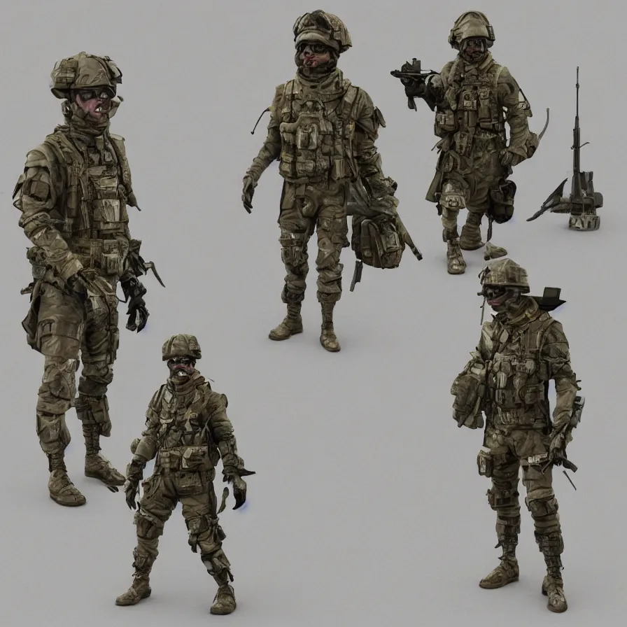 Image similar to lone single suited being, 4 limbs and civilized behavior, military soldier behavior, photorealistic rendering, hyperdetailed