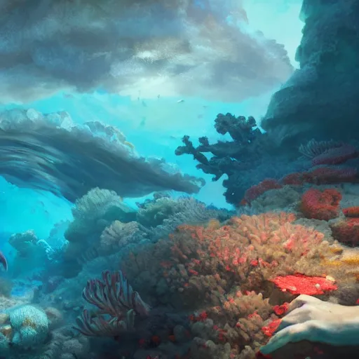 Image similar to beautiful coral reef photorealistic painting, wlop, concept art, octane render, deviantart, greg rutkowski, cinematic, artstation, key art, hyperrealism