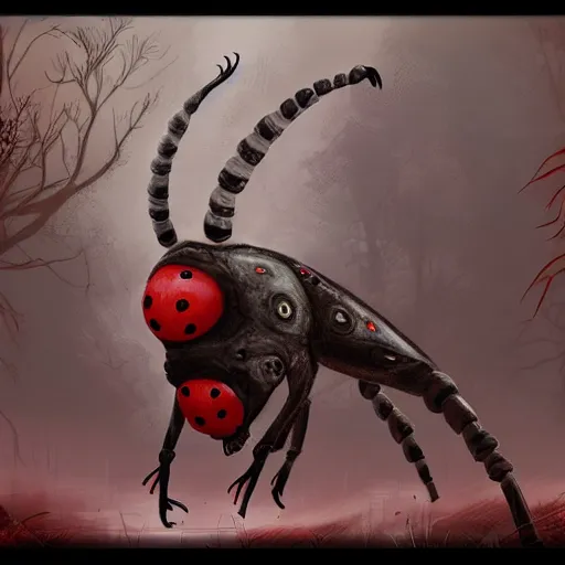 Image similar to ladybug as a monster for video game, fantasy art style, scary atmosphere, nightmare - like dream