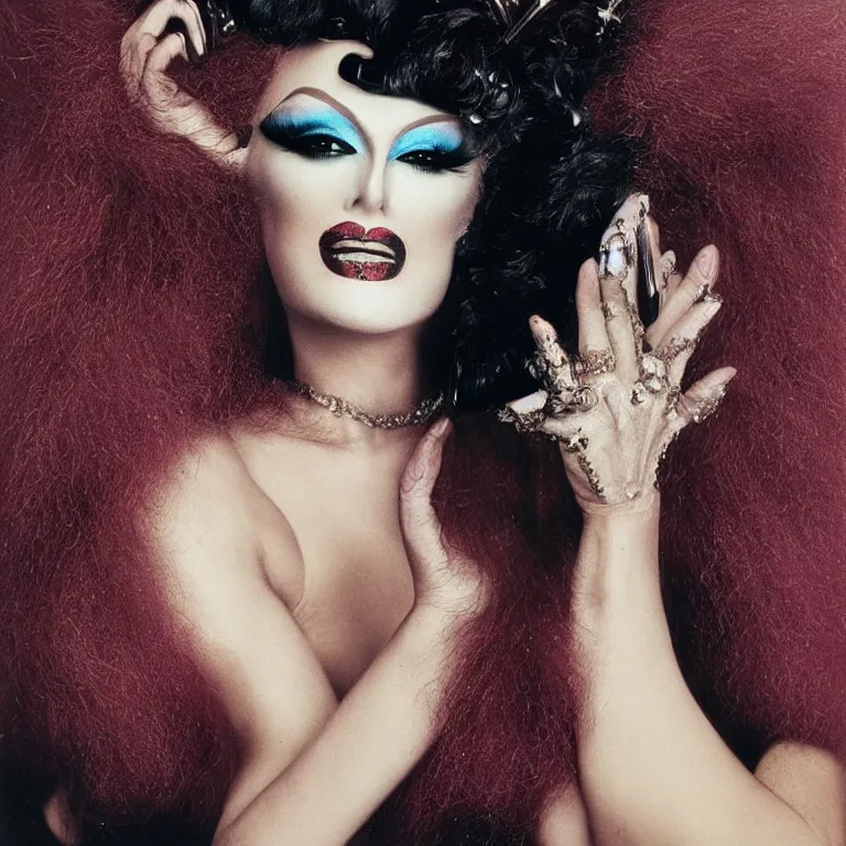 Image similar to Portrait of a glamorous gay drag queen smirking in heavy makeup and a big wig by Annie Leibovitz