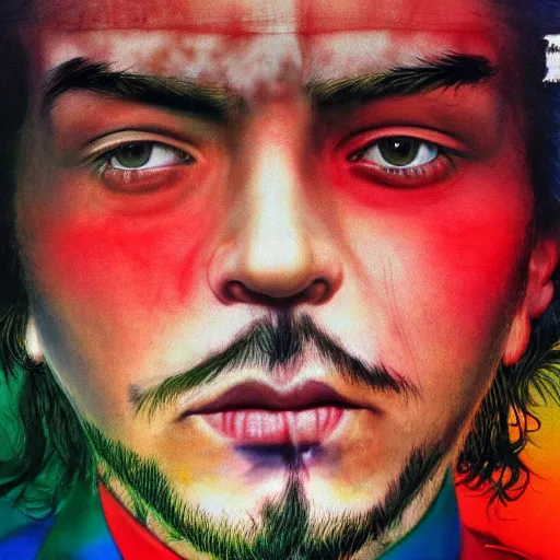 Image similar to colour masterpiece surreal closeup portrait photography of che guevara by miho hirano and annie leibovitz and michael cheval, psychedelic smoke background, 8 k