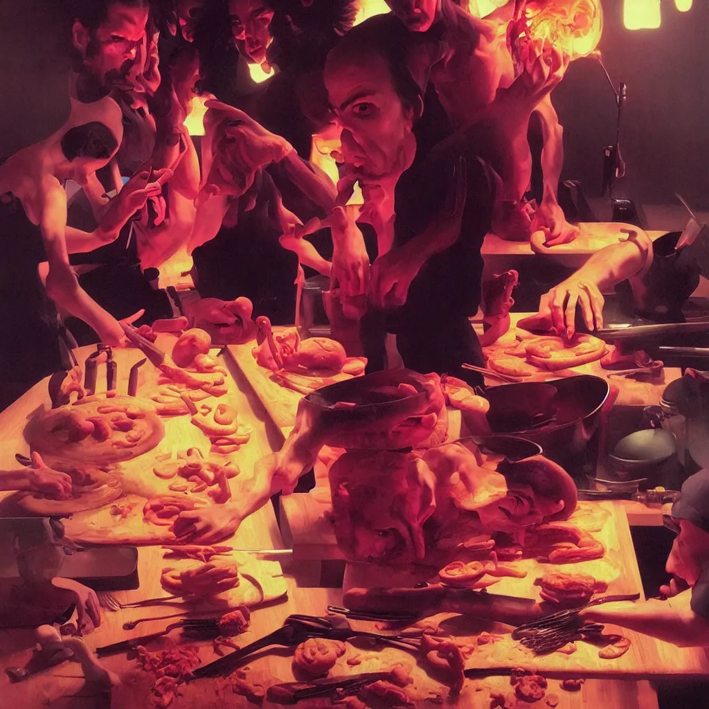 Image similar to weird and disturbing portrait of nick cave baking pizza, vivid colors, death, neon, art by ( ( ( kuvshinov ilya ) ) ) and wayne barlowe and francis bacon and artgerm and wlop and william - adolphe bouguereau