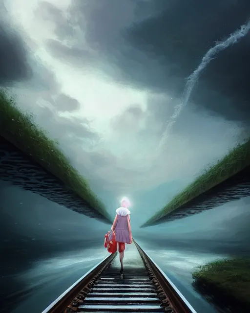 Image similar to photo of girl walking along train tracks sub submerged under a few inches of water, large white clouds in the distance, intricate, elegant, highly detailed, digital painting, artstation, concept art, smooth, sharp focus, illustration, art by artgerm and greg rutkowski and fra angelico