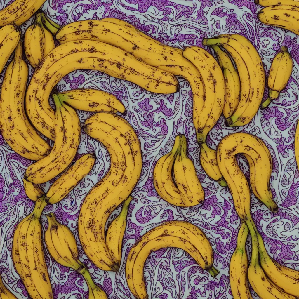 Prompt: fractal bananas, inside art nouveau embroidered plate with petal shape. closeup, hyper real, food photography, high quality