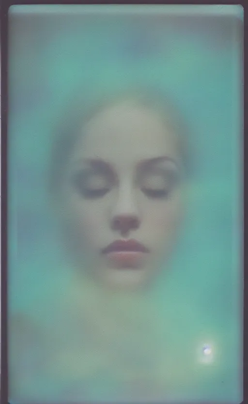 Image similar to a beautiful woman's face in the water, serene emotion, new polaroid, glitchy patterns, kodak color grading, muted colors, hazy, aqua, pastel colors, soft lighting