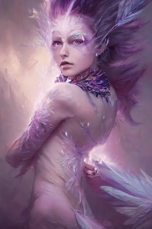 Prompt: beautiful princess with face covered with purple crystals wearing frost feathers, diamonds, angel, fantasy, dramatic lighting, highly detailed, digital painting, magic the gathering, 3 d render, hyper realistic detailed portrait, peter mohrbacher, wlop, ruan jia