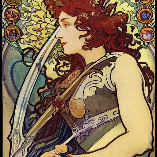 Image similar to woman in full plate armour, lance, flowing hair, fighting a dragon, painted by alphonse mucha