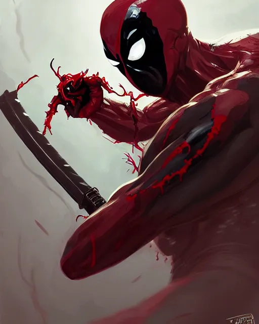 Image similar to highly detailed closeup portrait of a mutated venom symbiote in deadpool suit with a fierce expression, wielding his katana, by atey ghailan, by greg rutkowski, by greg tocchini, by james gilleard, by joe fenton, by kaethe butcher, red, black, crimson and grey color scheme