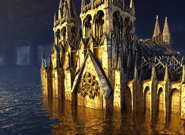 Image similar to favela gothic cathedral, underwater environment, scenery, professional, award - winning, trending on artstation, hyper detailed, realistic, beautiful, emotional, shiny, golden, picture