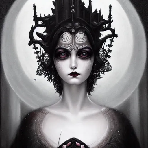 Image similar to By Tom Bagshaw, ultra realist soft painting of curiosities carnival by night, very beautiful horn female long gothic dress thin dark lustrous hair, partial symmetry features, very intricate details, omnious sky, black and white, volumetric light clouds