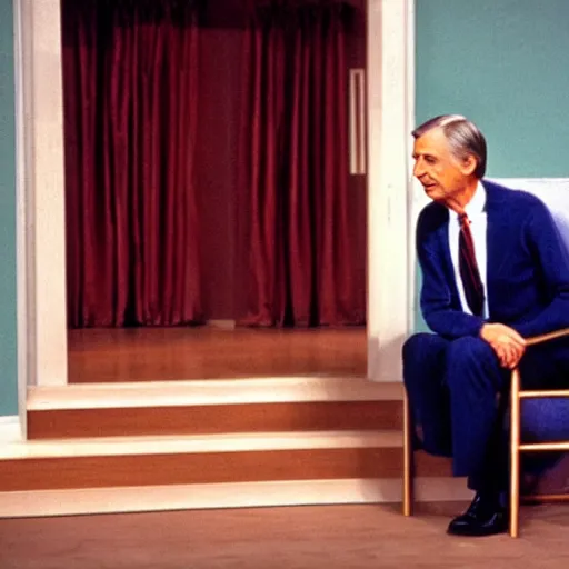 Image similar to mr. rogers welcoming emperor palpatine into his home, color tv screen 1 9 7 0 s