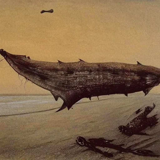 Image similar to decaying salmon on the beach after spawning, eaten by insects, by zdzisław beksinski.