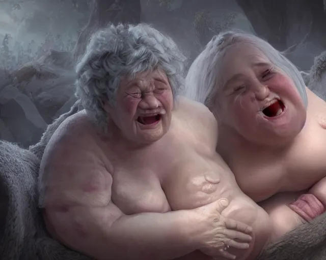 Image similar to of a very beautiful scene. ambient occlusion render. a sweet fat old woman is giving birth to her self as a sweet baby. hyper realistic. 4 k. wide angle. wild. symmetrical face, red mouth, blue eyes. deep focus, lovely scene. ambient occlusion render. concept art. unreal engine.