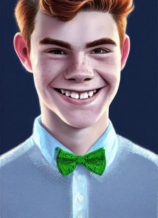 Image similar to portrait of teenage archie andrews, freckles, curly middle part haircut, curly hair, middle part hairstyle, smiling kindly, wearing a bowtie and sweater vest, intricate, elegant, glowing lights, highly detailed, digital painting, artstation, concept art, smooth, sharp focus, illustration, art by wlop, mars ravelo and greg rutkowski