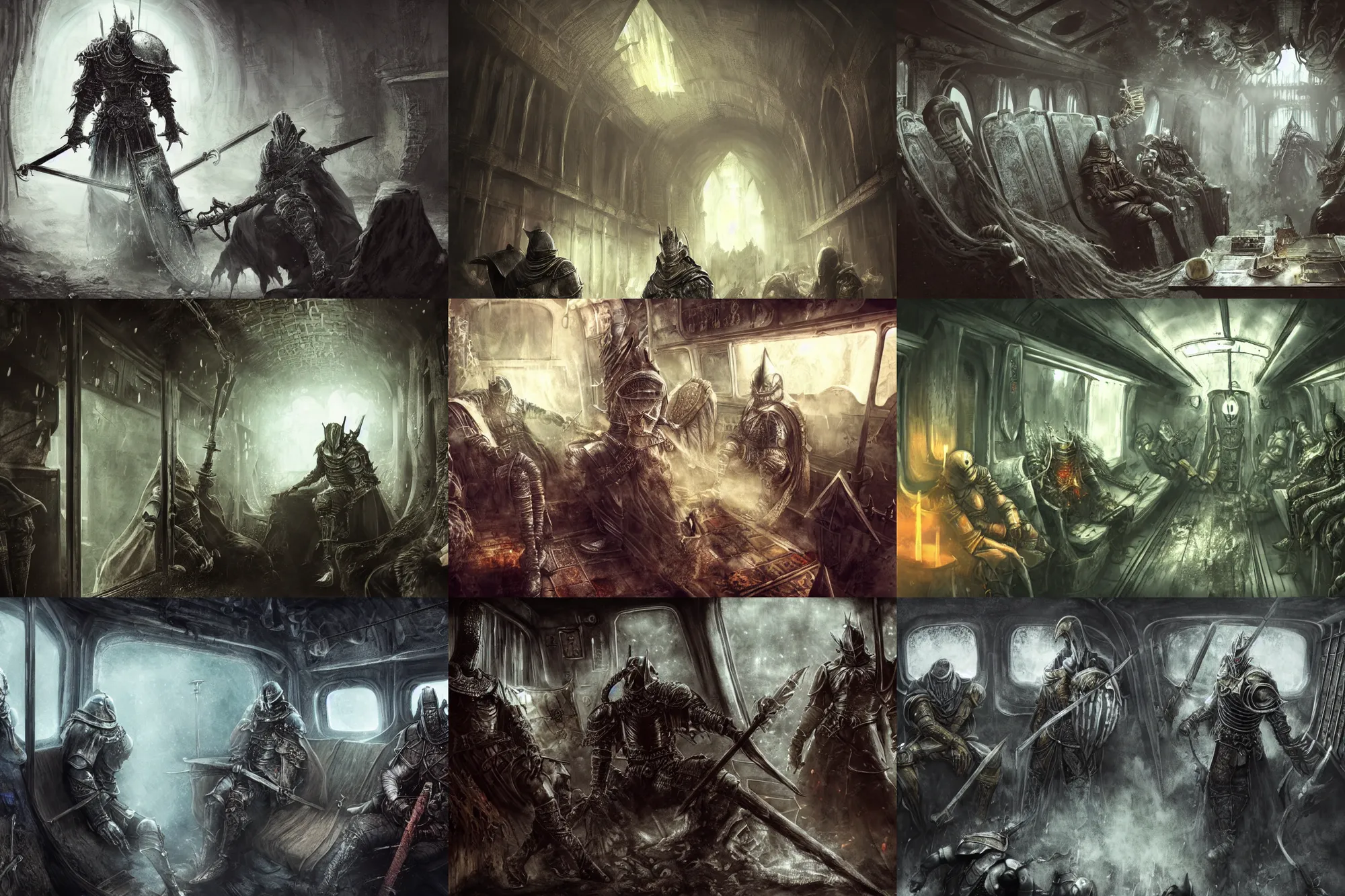 Prompt: dark souls various knights and ghouls sitting in the bus concept art artwork by masanori warugai, intricate detailed 4 k, soft light, volumetric fog, soft glow, eerie, metro, inside of a metro train, urban fantasy, colorful
