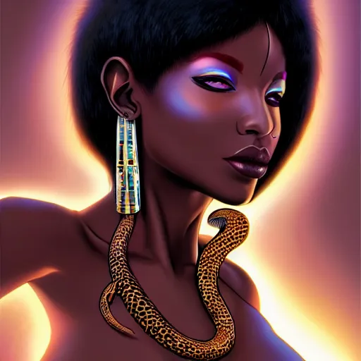 Prompt: cinematic, full shot, realistic cyberpunk african cleopatra bitten by a snake, beautiful face, beautiful body, hajime sorayama, h 7 6 8