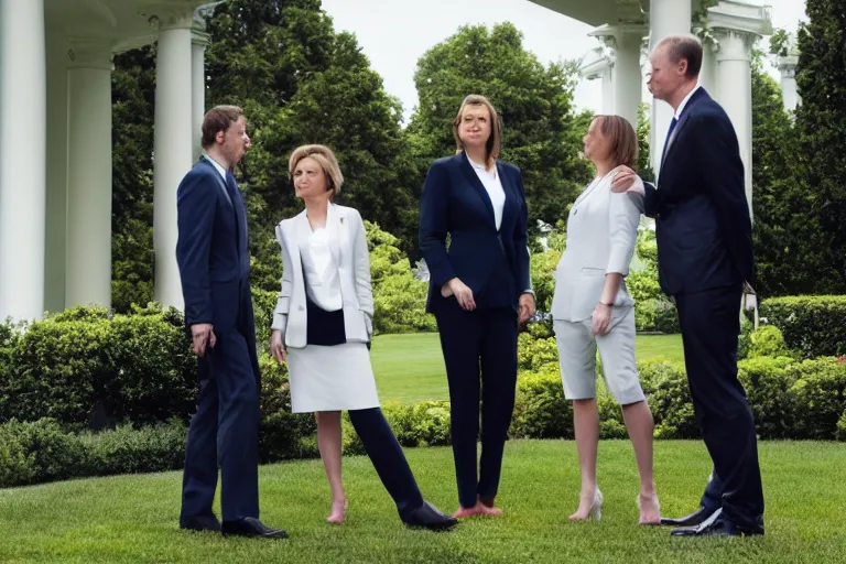 Prompt: press photo of a beautiful thirty - five year old powerful white female president in a suit, being held romantically by her two younger white boyfriends in the white house rose garden, professional photo, press photo, glamorous, 8 k photorealistic, very detailed