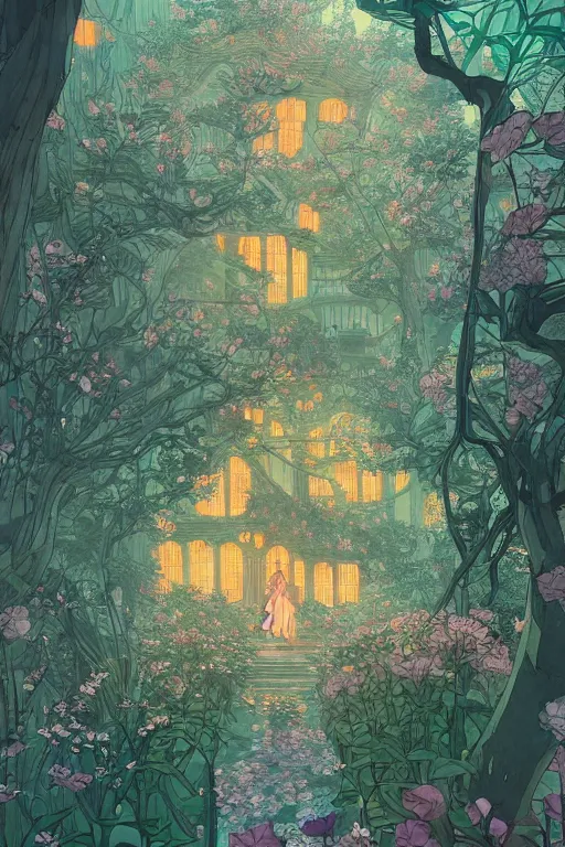 Image similar to a beautiful hyperdetailed matte illustration victo ngai style of absolutely beautiful blooming flower house alone, perfectly shaded, atmospheric lighting, style of studio ghibli, makoto shinkai, raphael lacoste, louis comfort tiffany, artgerm, james jean, ross tran, chinese style