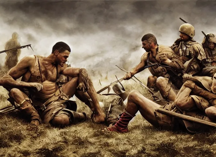 Image similar to after the battle, the warriors take their rest, art by denys tsiperko and bogdan rezunenko, hyperrealism