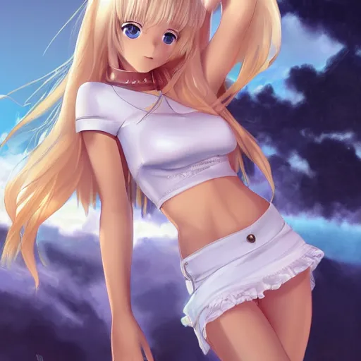 Image similar to tiny father a tall daughter picture : a very beautiful young blond anime girl, sky blue eyes, bikini, white miniskirt, highly detailed, cinematic wallpaper by stanley artgerm lau