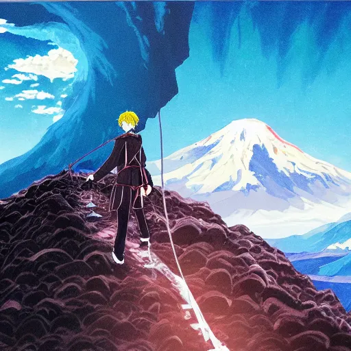 Image similar to anime key visual of frodo climbing mount doom, acrylic painting, jm animation