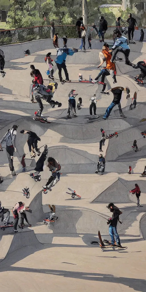 Image similar to oil painting scene skatepark with skaters and ramp by kim jung gi