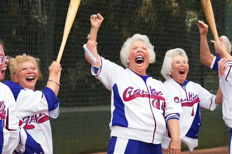 Prompt: a gang of old ladies waving baseball bats and wearing track suits laughing maniacally and screaming