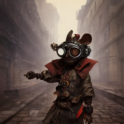 Image similar to rat warrior with steampunk goggles, clockwork, octane render, epic, cinematic, psychedelic, lsd, by ruan jia