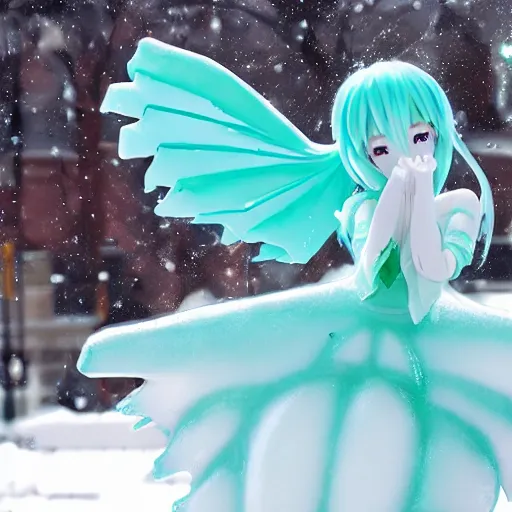 Image similar to Realistic ice sculpture of Hatsune Miku doing a cute pose outside, ice sculpture, outside, snow, winter, high definition