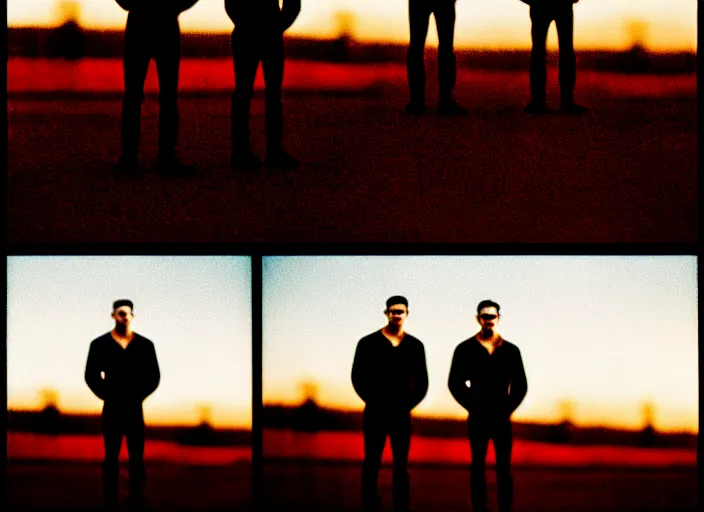 Prompt: cinestill 5 0 d closeup photographic portrait of two clones in front of a brutalist metal building, on a desolate plain, red sky, black oversized clothes, depth of field, 4 k, 8 k, hd, full color