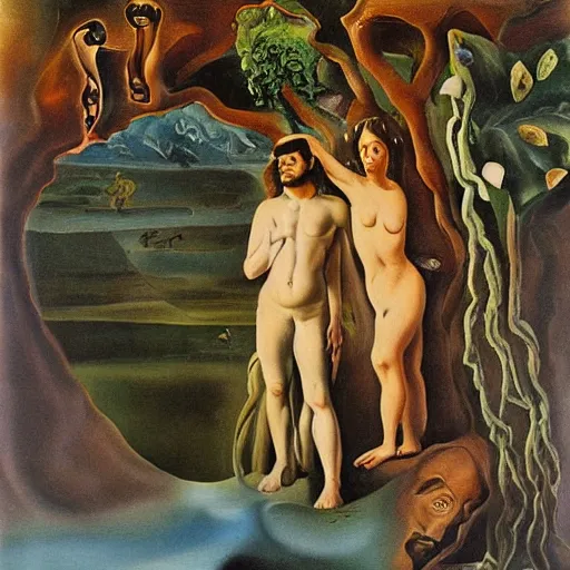 Prompt: adam and eve hiding from god, oil painting by dali