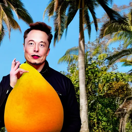 Image similar to photo of elon musk cosplaying as a mango fruit costume, highly detailed, extremely high quality, hd, 4 k, 8 k, professional photographer, 4 0 mp, lifelike, top - rated, award winning, cinematic, realistic, detailed lighting, detailed shadows, sharp, no blur, edited, corrected, trending