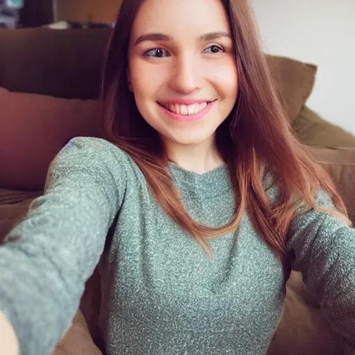 Image similar to Selfie photograph of a cute young woman smiling, long shiny bronze brown hair, full round face, emerald green eyes, medium skin tone, light cute freckles, smiling softly, wearing casual clothing, relaxing on a modern couch, interior lighting, cozy living room background, close-up shot, trending on instagram