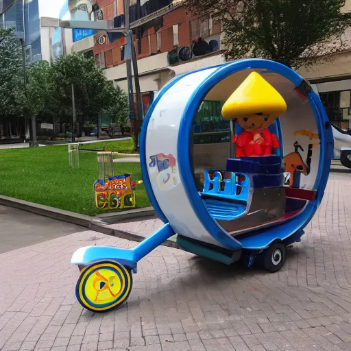 Prompt: a kiddie ride that is coin operated on the sidewalk