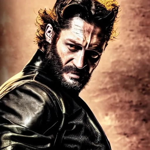 Image similar to Tom Hardy as wolverine in Black Damaged leather suit Digital art 4K quality