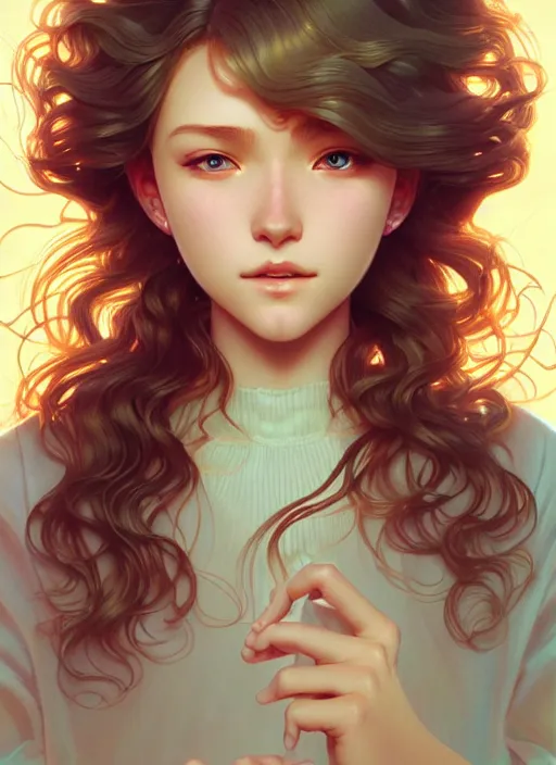 Image similar to young woman with medium - length, curly, golden hair, aquamarine eyes, natural lighting, path traced, highly detailed, high quality, cartoon, digital painting, by new haicheng and ross tran and studio ghibli and alphonse mucha