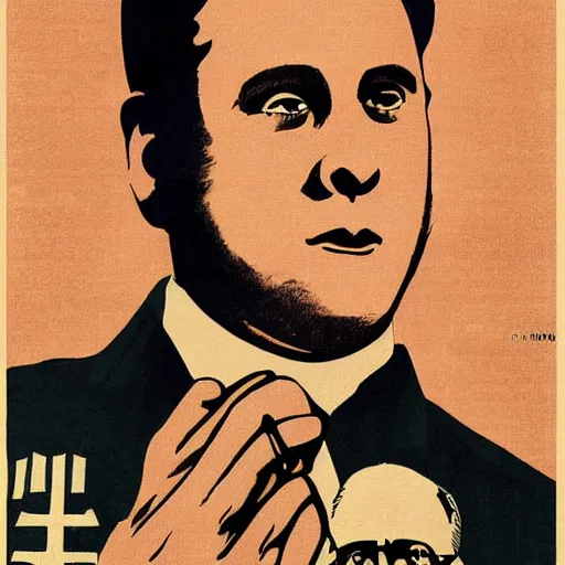 Image similar to NO JONAH HILLS ALLOWED. JONAH HILL is the subject of this ukiyo-e hellfire eternal damnation catholic strict propaganda poster rules religious. WE RULE WITH AN IRON FIST. mussolini. Dictatorship. Fear. 1940s propaganda poster. ANTI JONAH HILL. 🚫 🚫 JONAH HILL. POPE. art by joe mugnaini. art by dmitry moor. Art by Alfred Leete.