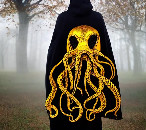 Prompt: hastur, golden hood cape, dark toxic, black tentacles realistic art, realistic photo by horror H 576
