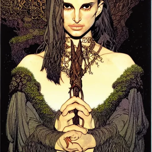 Image similar to a realistic, very beautiful and atmospheric portrait of a young natalie portman as a druidic warrior wizard looking at the camera with an intelligent but seductive gaze by rebecca guay, michael kaluta, charles vess and jean moebius giraud
