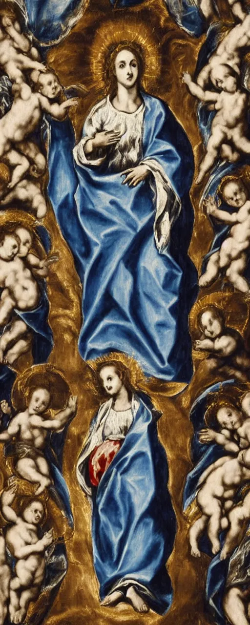 Prompt: a highly detailed oil painting of the Immaculate Conception surrounded by cherubins, wearing blue robes, highly detailed face, full length, by El Greco