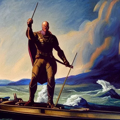 Prompt: painting of thanos crossing the delaware, oil on canvas, highly detailed, faded colors