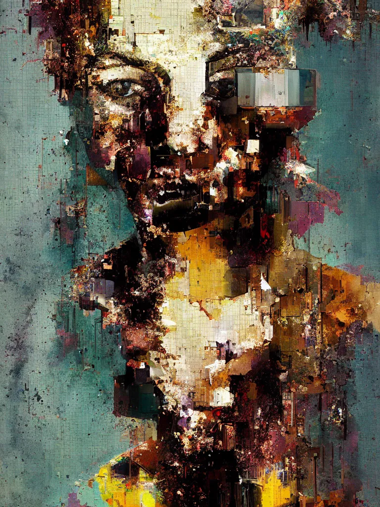 Image similar to a beautiful glitched painting by robert proch of a woman in a glitched bathroom, metal rust and plaster materials, pixel sorting, color bleeding, brushstrokes by jeremy mann, still life, dark colors