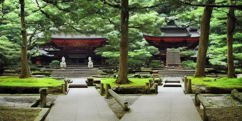 Image similar to a beautiful Zen Buddhist Forest Temple by Tomomi Abe